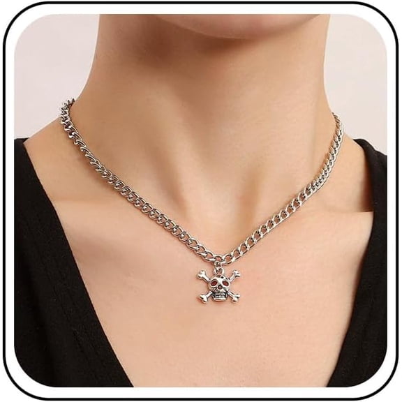Punk Skull Head Choker Necklace Silver Skull Crossbones Pendant Necklaces Skeleton Pirate Curb Collar Necklace Cuban Curb Link Chain Necklaces Jewelry for Women