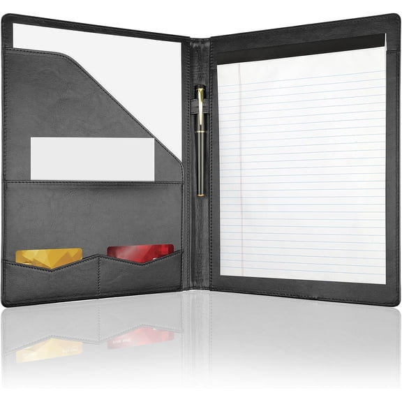 Professional Padfolio Portfolio Binder, Faux Leather Interview Resume Folder, Letter Size A4 Legal Writing Pad Holder, Document Organizer for Business School Office Conference (Black)
