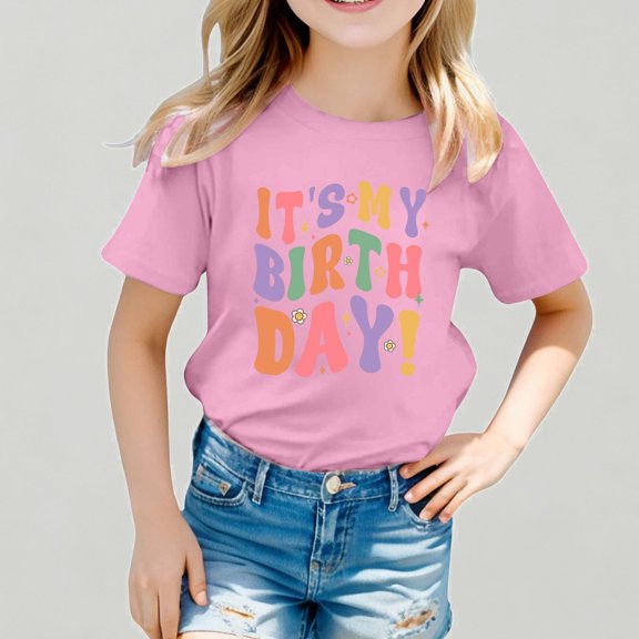 Xijirk Toddler Girls It's My Birthday Graphic T‑Shirt Colorful Text Short Sleeve Party Tee,1-2 Years