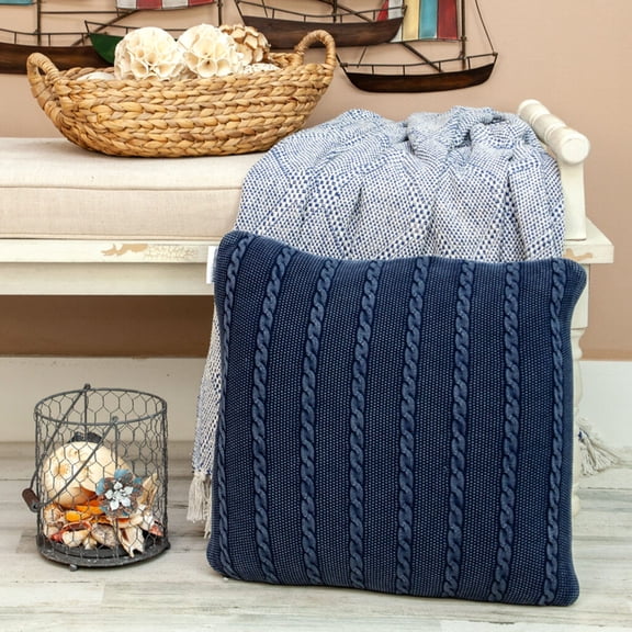 Nassau Collection Knitted Rope Pattern Cotton Throw Pillow - 18" - Blue