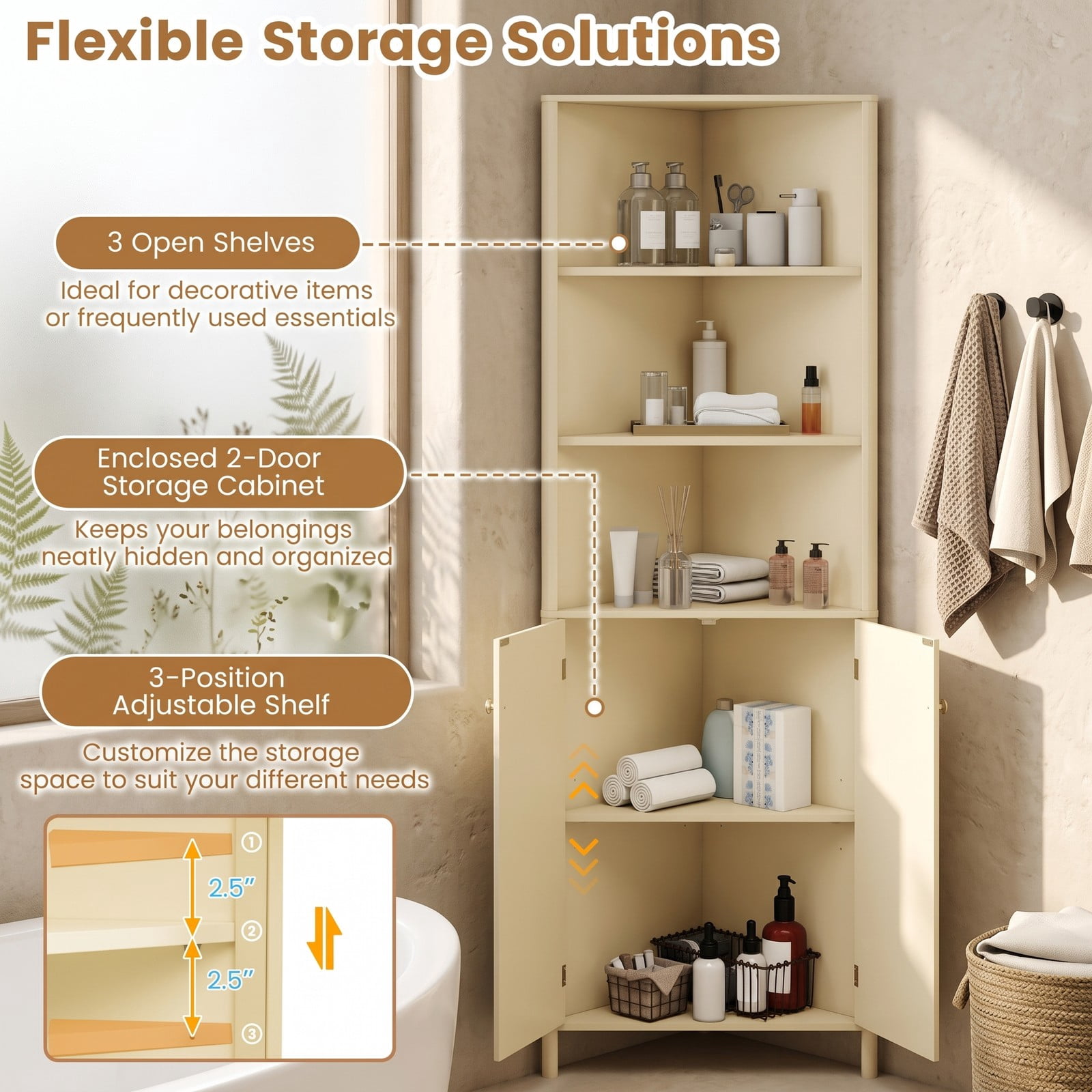 Fenbeli 68 Inch Tall Corner Cabinet, Freestanding Bathroom Storage Cabinet with 5 Shelves, 2 Fluted Doors, Adjustable Shelf and Anti-Tipping Kit for Living Room, Beige