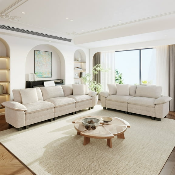 Sophia&William Sectional Sofa Sets, Modern Chenille Cloud Couch 5-Seat Deep Modular Sofa Oversized Sectional with 5 Pilliows for Living Room, White