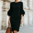 thumbnail image 2 of Ahabrexf Women Round Neck Double Chiffon Ruffle 3/4 Sleeve Midi Shift Dress, Solid Back Split Zipper Elegant Office Work Dress for Spring Summer Business Funeral Wear, 2 of 9