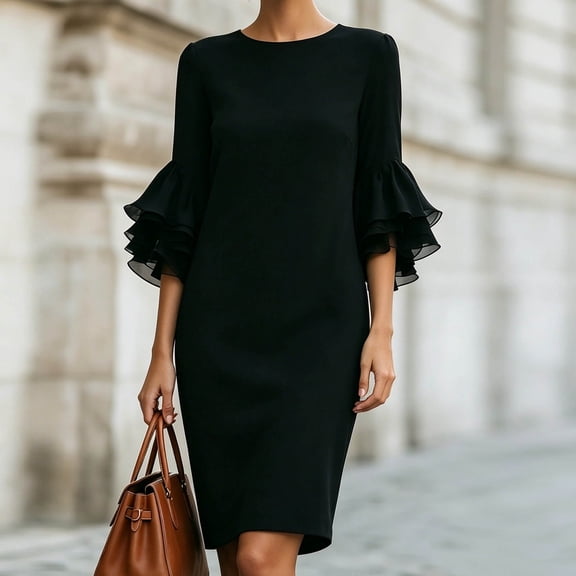 Dolkfu Crew Neck Womens Summer Dresses Refreshing Black 3/4 Sleeve Pull-on Bodycon Mid-Length Solid Minimalist Slim Dresses Black,L