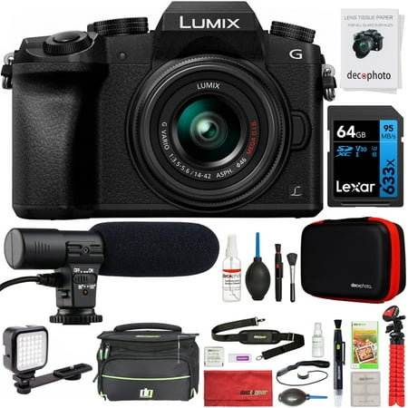 Panasonic DMC-G7KK LUMIX G7 Interchangeable Lens Mirrorless Digital Camera with 14-42mm Lens Bundle with 64GB SDXC Memory Card, Microphone, LED Light, Cleaning Kit and Camera Bag with Accessory Kit