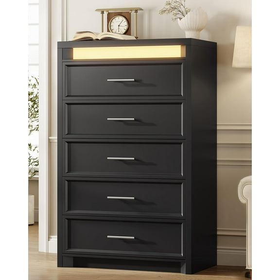 Dresser for Bedroom with 5 Drawer Chests of Drawers, 44.5” Tall Wood Mid-Century Modern Dresser with 3 Color Lights for Bedroom, Black