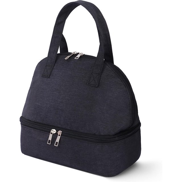 Bolsa de almuerzo con aislamiento de doble compartimento para mujeres, bolsa de mano aislada para hombre, peso ligero y caja de almuerzo portátil para la escuela, picnic, camping, viajes (negro)