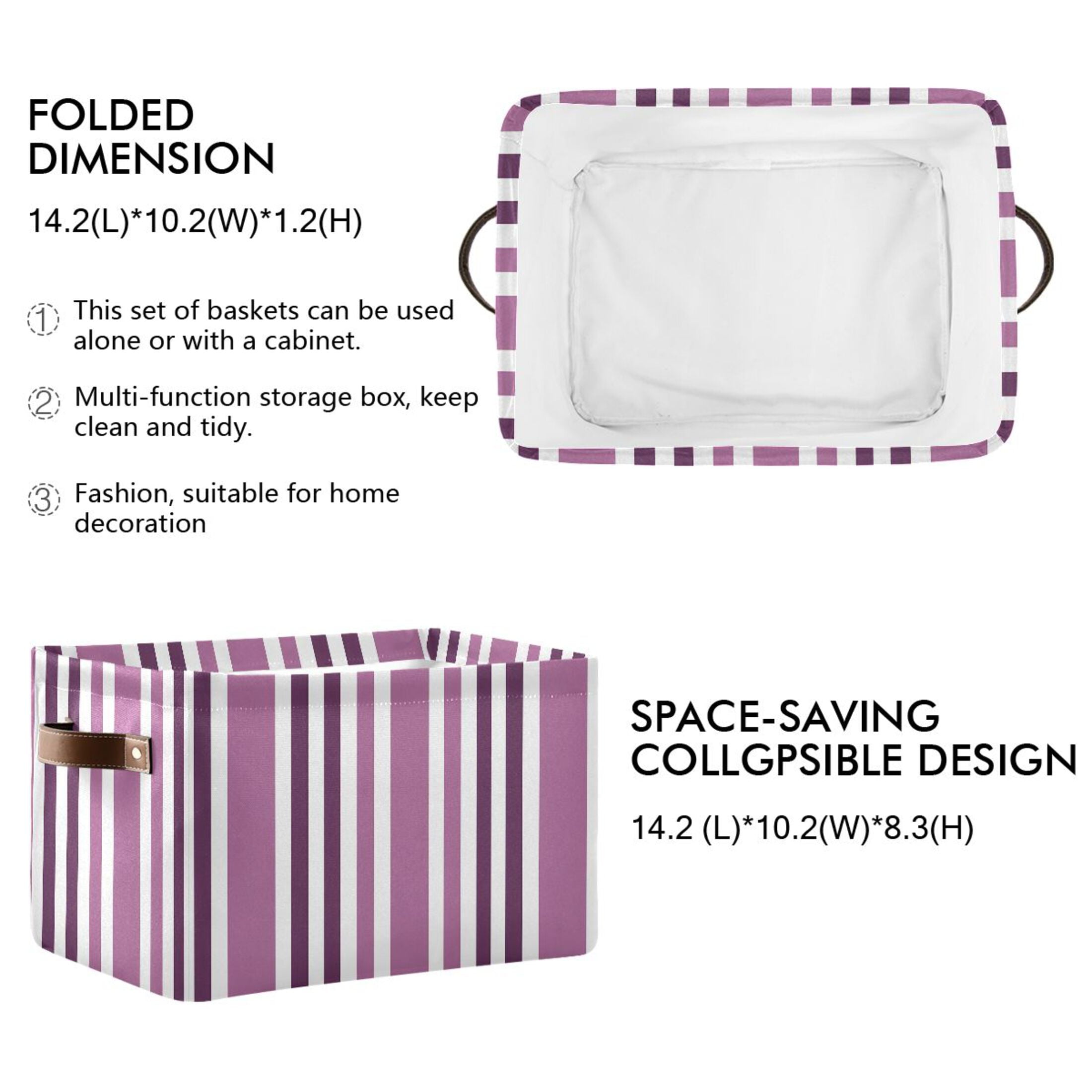 Storage Bins with Handle Fabric Organizer Basket Foldable Box 1 Pack Aubergine and White Stripes 14.2x10.2x8.3