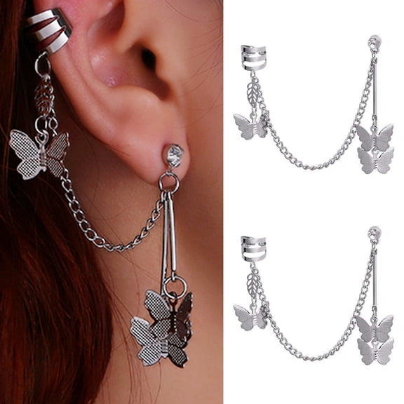 SmartBy 1 Pair Butterflies Women Earrings Cool Punk Silver Color Link Chain Cartilage Clip Earrings Fashion Jewelry Gift