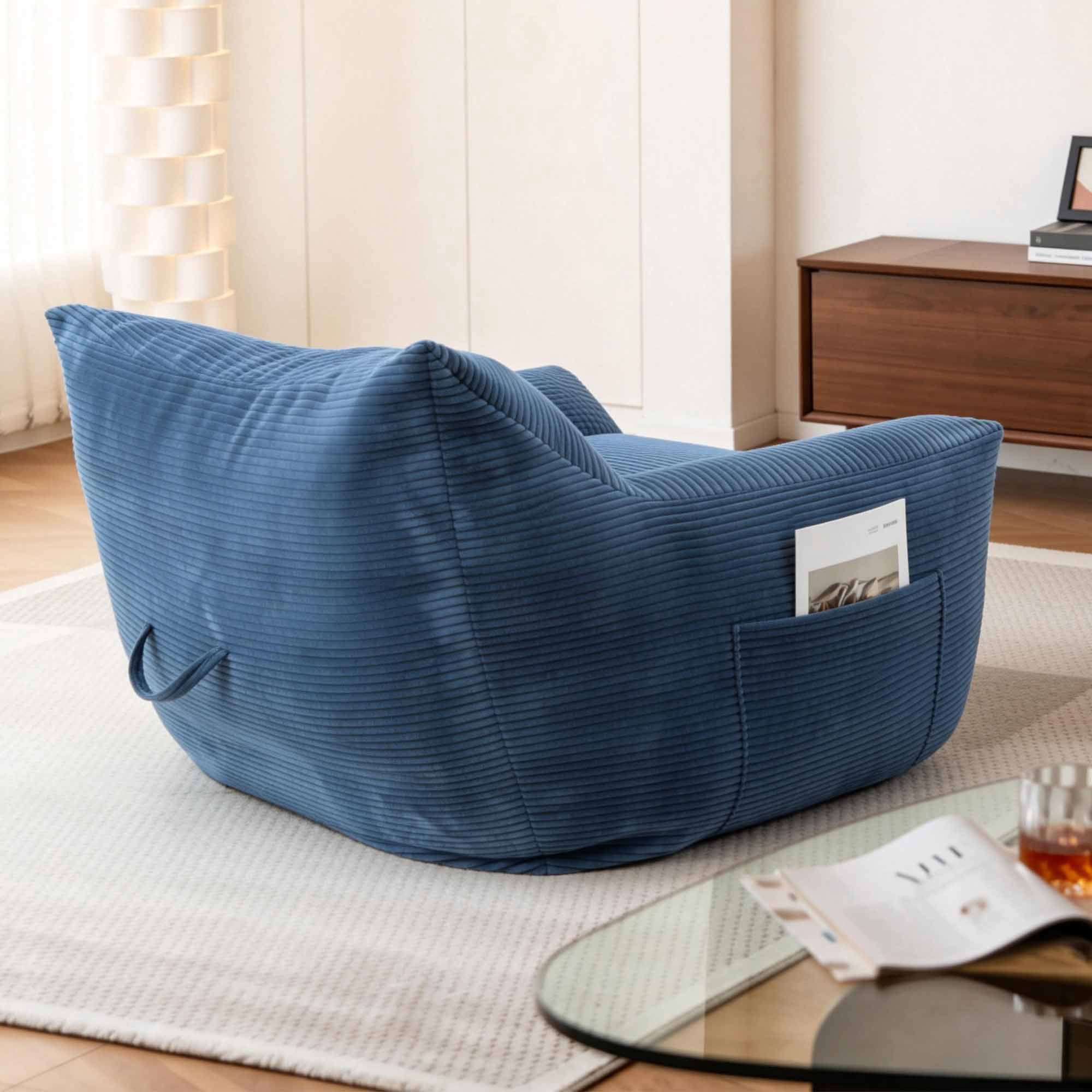 Lunale Oversized Bean Bag Chair with Ottoman, Boneless Lazy Sofa Chair for Bedroom, Living Room, Blue Corduroy