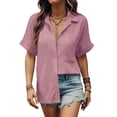 thumbnail image 5 of Zeagoo Linen Shirts for Women Button Down Short Sleeve V Neck Collared Casual Blouse Cotton Summer Tops, 5 of 6