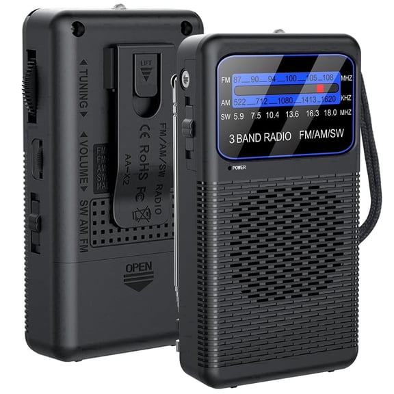Portable AM FM SW, 3 Band Pocket Radio, Personal Transistor Radios 2AA Battery Operated with Emergency LED Flashlight, 3.5mm Earphone Jack, Back Clip, Large Speaker for Indoor Outdoor Emergency Use