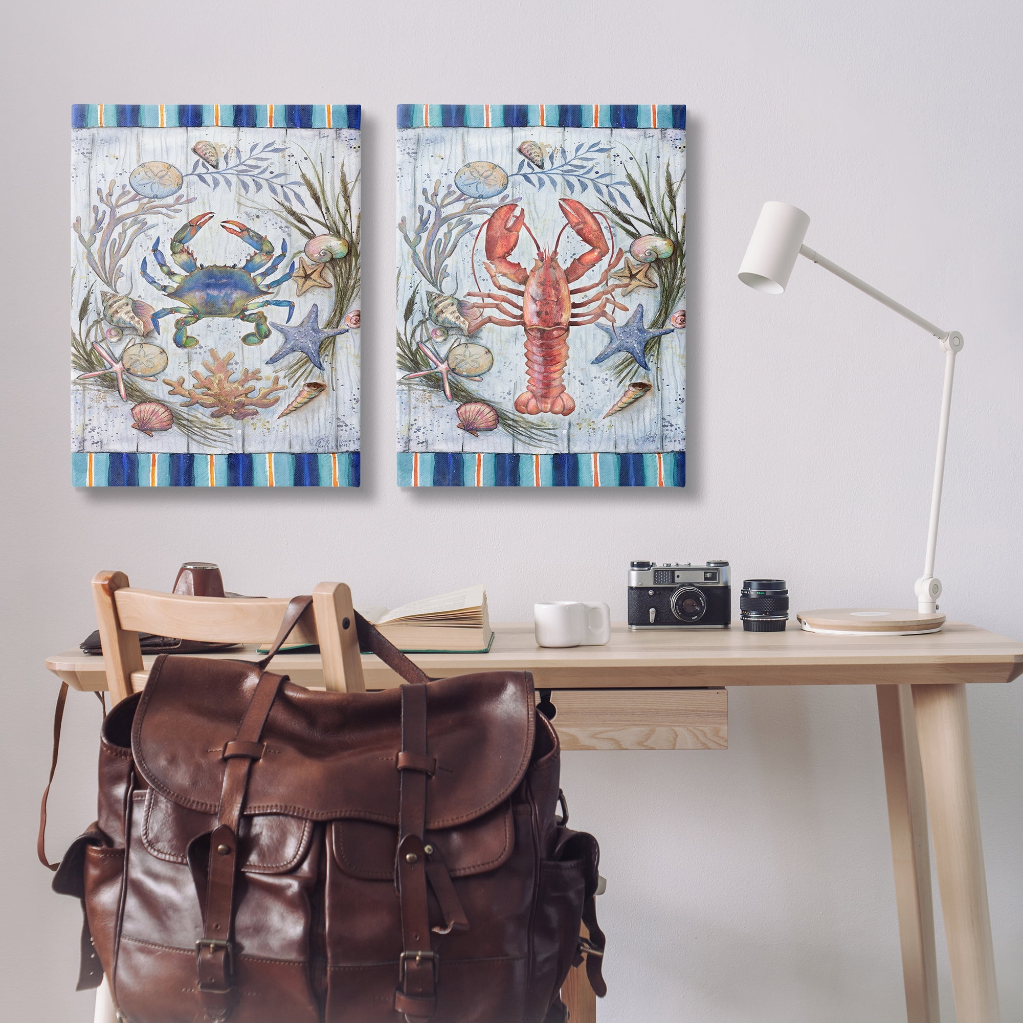 Stupell Industries Coastal Sea Life Stripes Nautical & Beach Painting Wrapped Canvas Art Print Wall Art, 24 x 36, Set of 2