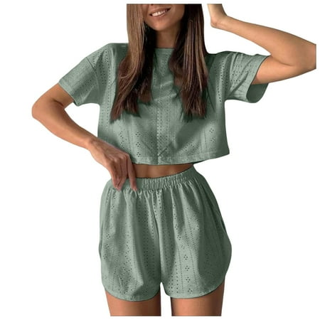 OJSFQUFP Womens Short Set Green Womens Summer Fashion Casual Two Piece Outfits Casual Shorts Set O Neck Tops and Shorts Tracksuit S