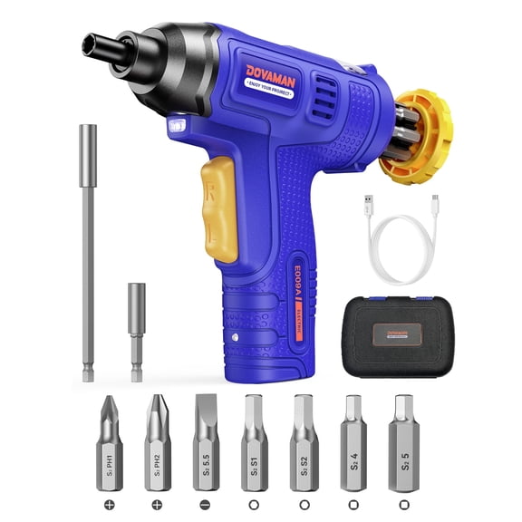 DOVAMAN Cordless Electric Screwdriver 4V, 6Nm Torque, Built-in Bit Storage, Type-C Fast Charging, LED Light, 7 Bits & Carrying Case, Ideal for DIY, Home Repairs