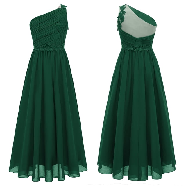 Alvivi Robe de Fête de Mariage en Chiffon Froncé pour Filles, Robe de Bal à une Épaule Verte 10