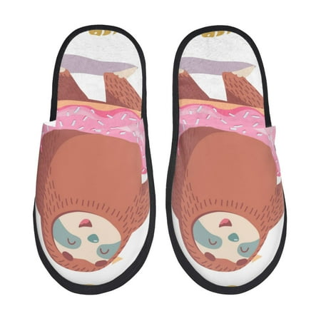 Balery Sloth with Donuts1 Slient Indoor Furry Fleece Comfort House Shoes Soft Non-Slip Home Shoes Cotton slippers House Slippers-- Large