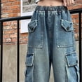 thumbnail image 6 of Miluxas Baggy Cargo Pants for Girls Wide Leg Jeans Streetwear Low Rise Oversized Jeans Blue 14-15Years, 6 of 7