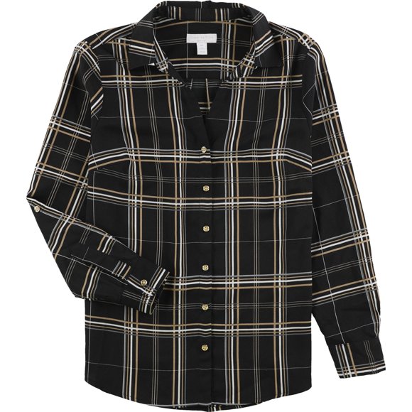 Camisa con botones a cuadros dorados Charter Club para mujer negro PP