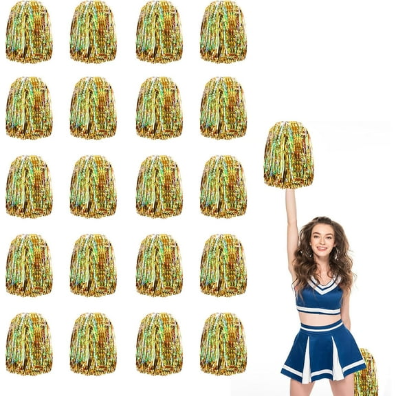 20 Pcs Cheerleader Pom Poms,with Baton Handle for Rooters Cheering Squad Team Spirit Sports (Colorful Gold)