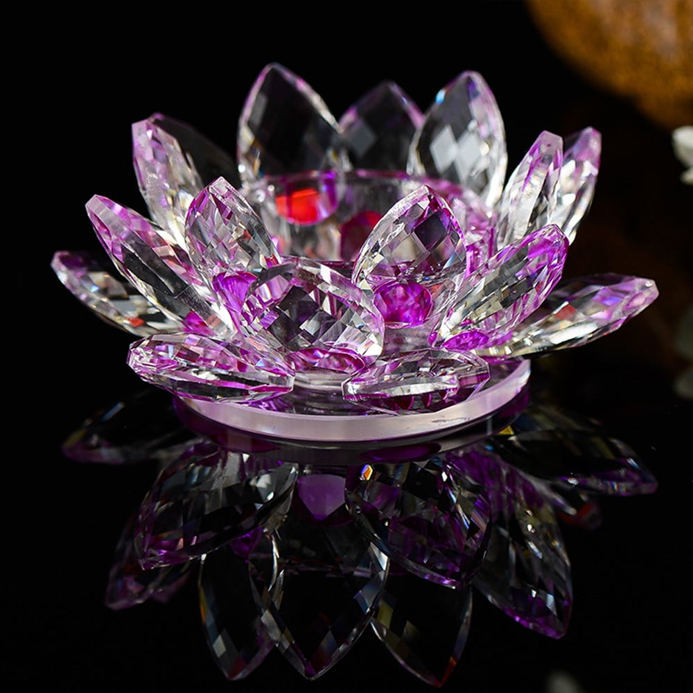 7 Colors Crystal Glass Lotus Flower Candle Tea Light Holder Buddhist Candlestick 