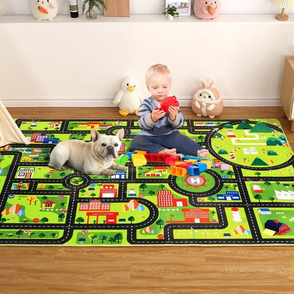 Garvee 8' x 10' Children's Rug Play Mat City Life Learning Carpet Children's Education Road Traffic System Car Play Mat for Bedroom Playroom, Black