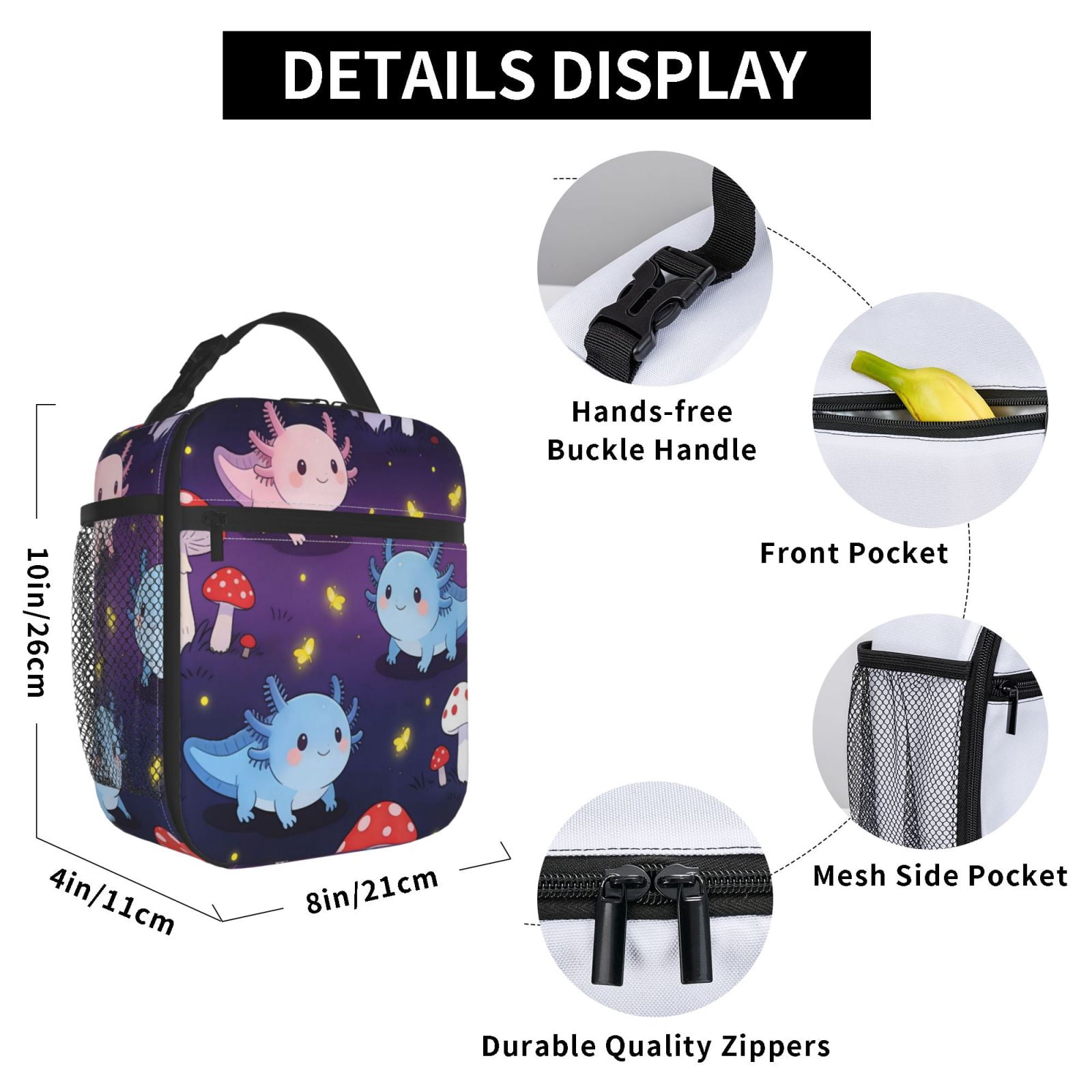Lunch Bag For Women Men Insulated Portable Lunch Box Bento Box Office Picnic Travel Cooler Bag Axolotl And Mushrooms