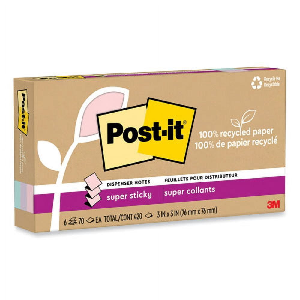 100% recycled paper super sticky notes, 3" x 3", wanderlust pastels, 70 sheets/pad, 6 pads/pack | Bundle of 2 Packs