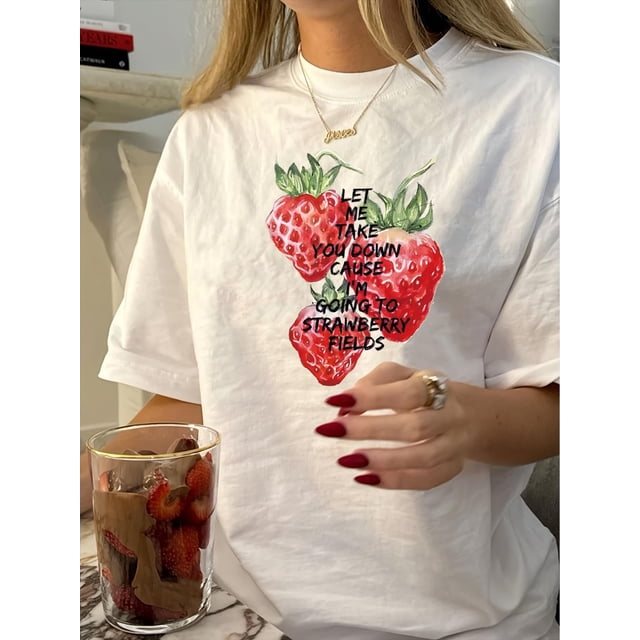1pc Vintage Style Women'S T-Shirt, Strawberry Graphic Print, Cotton Crew Neck Short Sleeve Top, Summer Casual Geometric Pattern Tee, Regular Length Knit Fabric Shirt