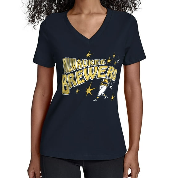 Women's Starter Navy Milwaukee Brewers Fireworks V-Neck T-Shirt