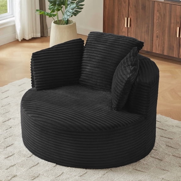 FFH Round Accent Chair, 48.8" Oversized Living Room Chair, Corduroy Chaise Lounge Chair Indoor, Barrel Chairs for Adults, Black