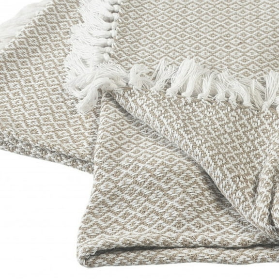 HomeRoots 516604 Woven Cotton Geometric Throw Blanket, Tan