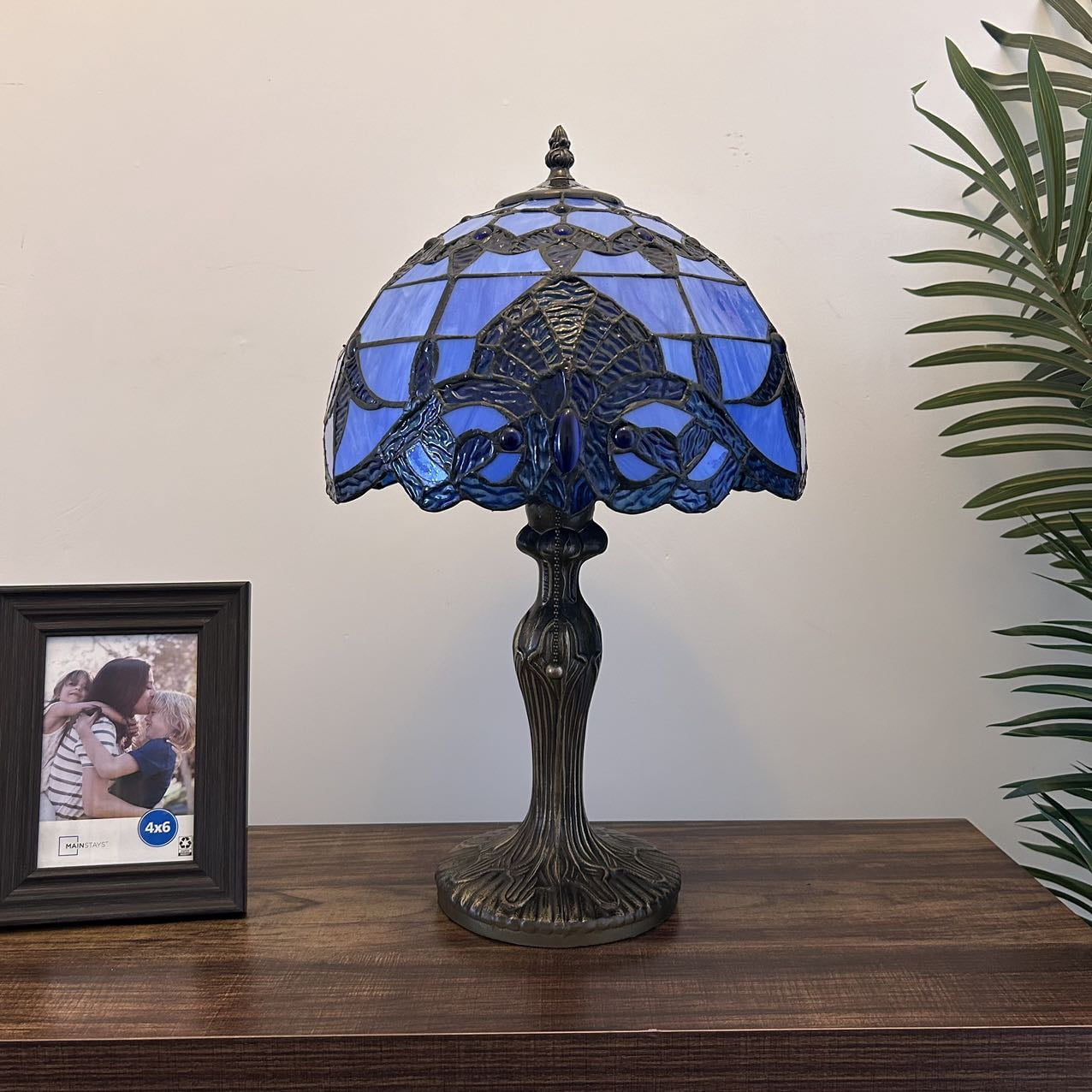 Tiffany Table Lamp Blue Stained Glass Baroque Style LED Bulb Included for Living Room Bedroom Bedside 12'W*12"D*19"H