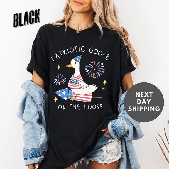 Patriotic Goose on the Loose Shirt, Funny 4th of July Tee, USA Silly Goose T-Shirt, Independence Day American Flag Top