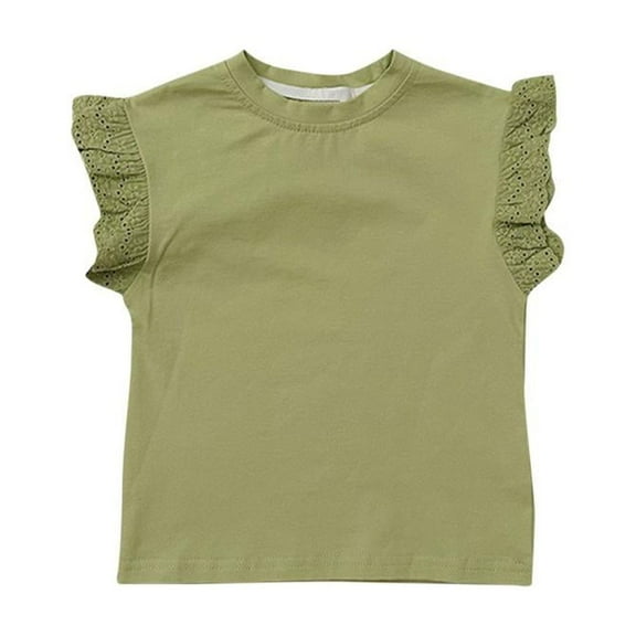 Lovzfmll Ruffle Top Girls, Girls Shirt Short-Sleeve T-Shirt for Girls Children Solid Color Loose Round-Neck Western Style Tunic Tee Tops Cute Flying Ruffle Sleeves Summer Blouse for Girls Green 100