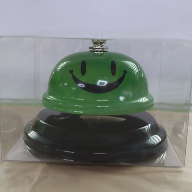 Campana de mano con forma de cara sonriente de metal para entrenamiento de mascotas, barra de servicio para restaurante, campana de convocatoria, contestador automático de competición, mesa de