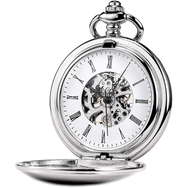 Reloj de bolsillo unisex con cadena, cuerda manual analógica, esqueleto retro, alto brillo