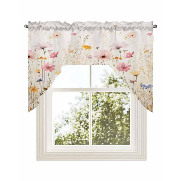 Spring Floral Kitchen Curtains Swag Valance for Windows/Bathroom/Cafe, Pastoral Botanical Summer Flowers Vintage Rod Pocket Drape Panel Swag Curtains Valance for Bedroom/Living Room 56"x36"