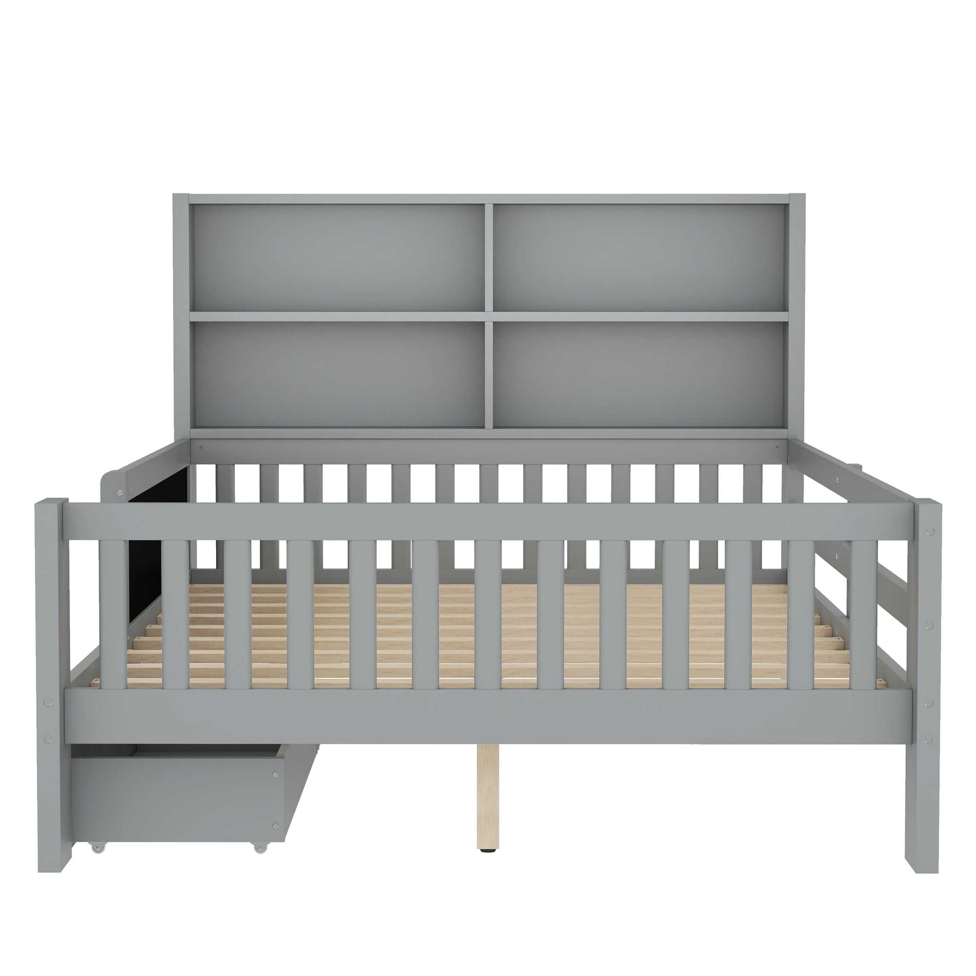Mintazer Full Kids Platform Bed with Storage Headboard Shelves and Chalkboard, Wood Slat Support Storage Bed with 2 Drawers & Satety Fence for Boys Girls, Gray