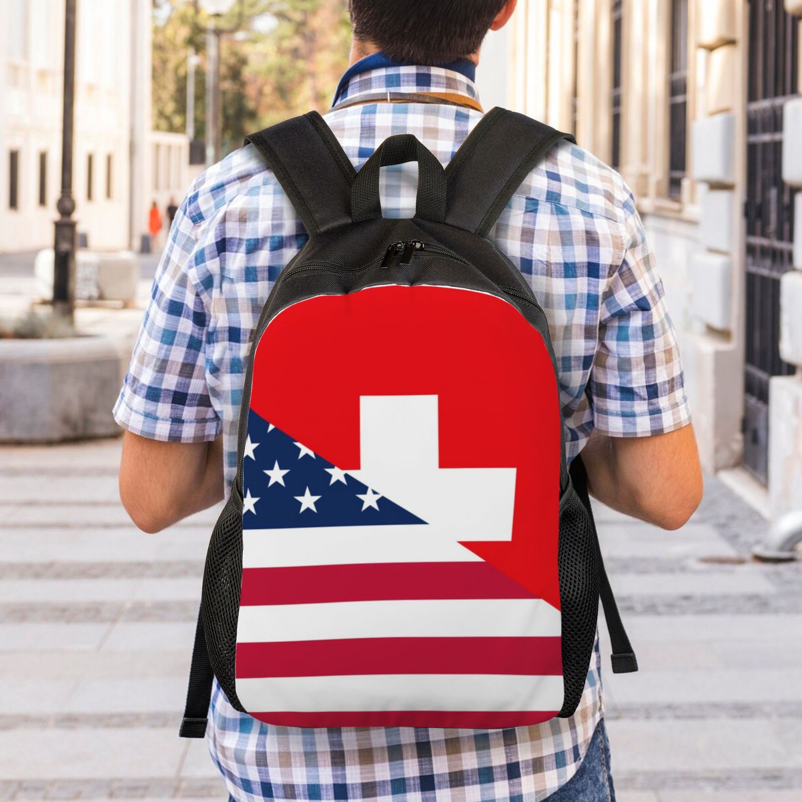 Xecao USA Switzerland Print School Backpack with Laptop Compartment Small Travel Laptop Backpack for Women Men Waterproof College Backpack Simple School Bag