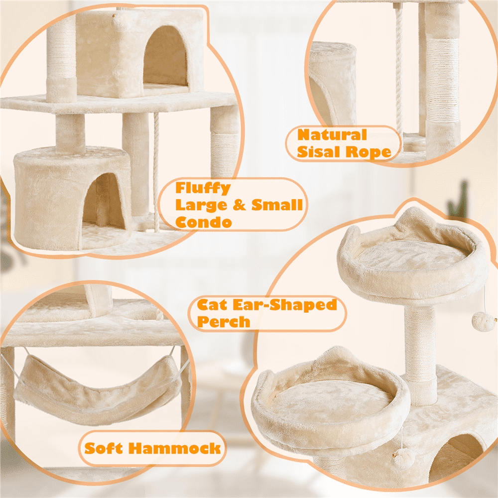 Alden Design 62" Double Condo Cat Tree and Scratching Post Tower, Beige