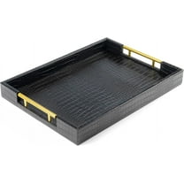 17" x 12" Wood Serving Tray with Gold Polished Metal Handles, Home Decorative Wooden Rectangle Ottoman Leather Decor Platter Bathroom Vanity Tray for All Occasions Alligator Black