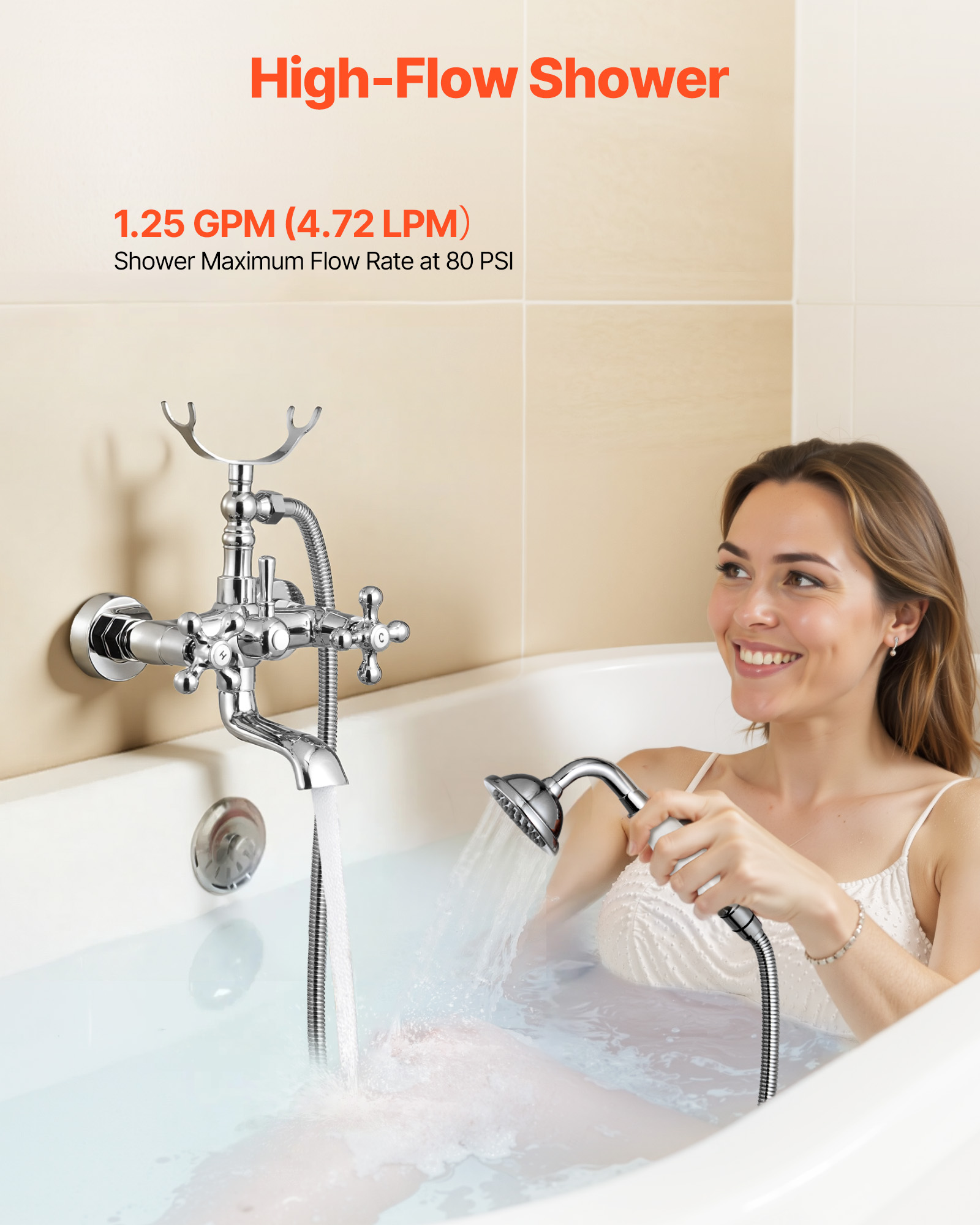VEVOR Clawfoot Tub Faucet, Wall Mount Bathtub Faucets with Handheld Shower, Vintage Polished Chrome Clawfoot Tub Filler Faucet Shower Kit with Adjustable Swing Arms & 360° Rotation Spout for Bathtubs