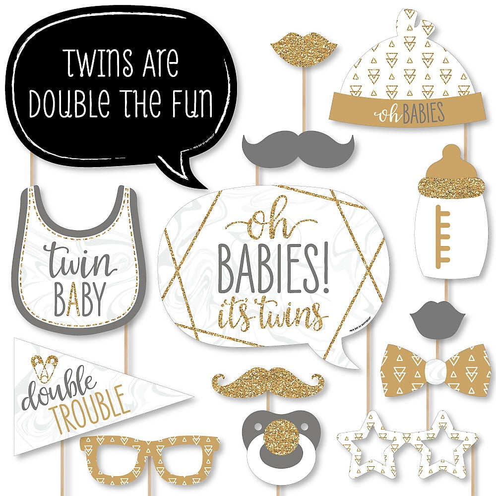 It's Twins - Gold Twins Baby Shower Photo Booth Props Kit - 20 Count 