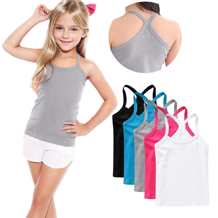 ZACPNCV 5 Pack Girls Dance Tank Tops Racerback Camisole Spaghetti Strap Camis Sleeveless Undershirts Ballet Gymnastics Wear White 8-9 Years