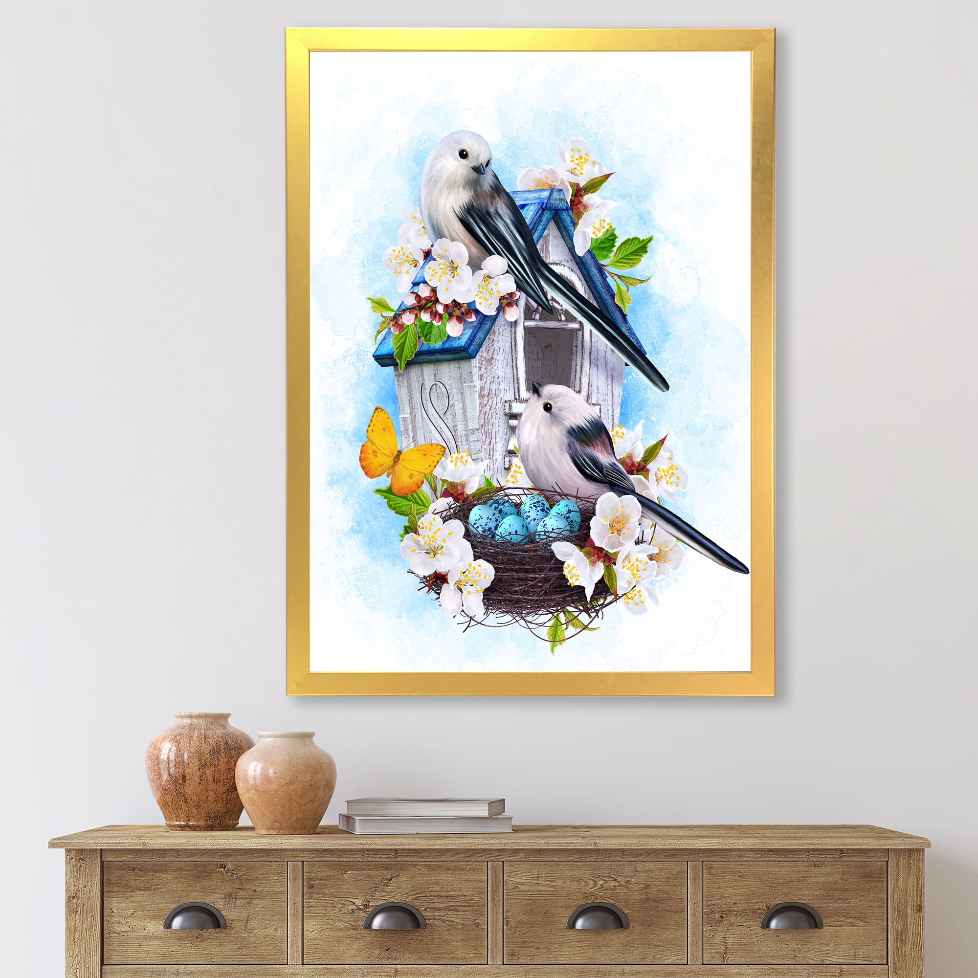 Designart 'Two Tit Birds Sitting Near The Nest With Eggs and White Flowers II' Traditional Framed Art Print
