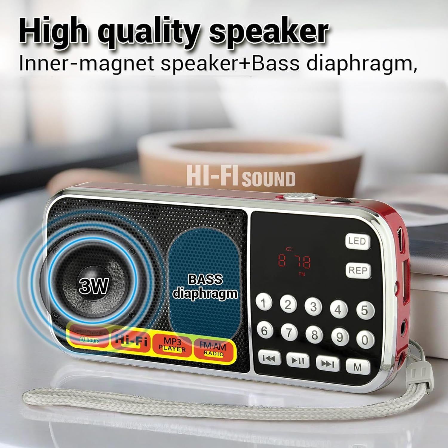 Portable AM/FM Radio with MP3 Player Support, USB/TF Card Playback, Rechargeable Battery, Excellent Reception & Sound Quality, Compact Design with Flashlight for Outdoor Use