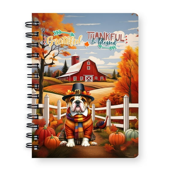 Thanksgiving Bulldog Pilgrim Grateful, Thankful, Blessed Fall Welcome Spiral Bound Journal Dog Lover Gifts Idea 5x7in Spiral Notebook - 00021