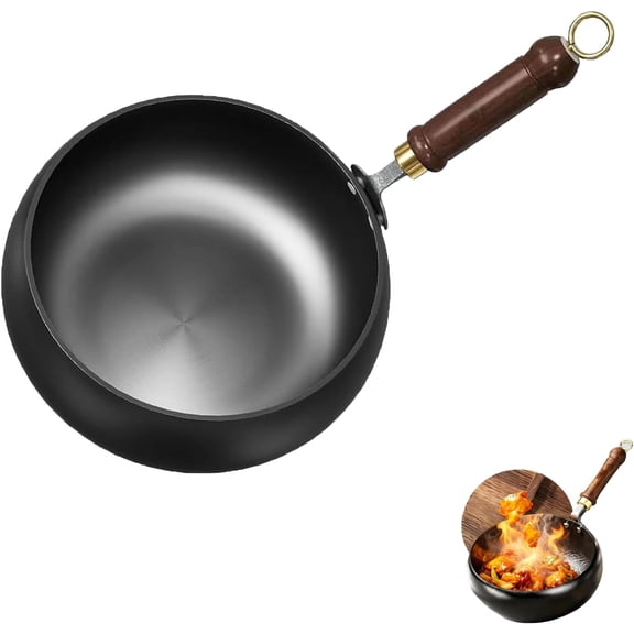 Jinswhdre Cast Iron Skillet with Wooden Lid, Cast Iron Skillet with Lid, Japanese Iron Pan, Multi-purpose Frying Wok, Durable and Versatile Cookware, Suitable for Any Stove (L-24cm)