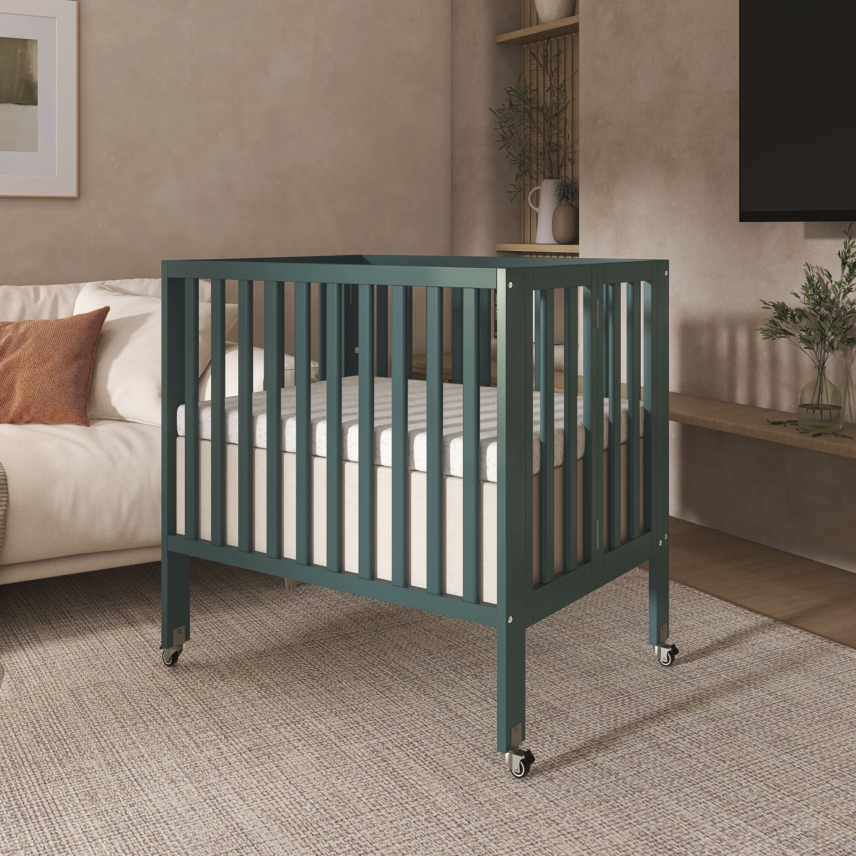 Dream On Me Jett Non-Full Size Folding Crib, Removable Wheels, Modern Nursey, Adjustable Mattress Support, Patent Folding System, Included 2.5” Mattress In Olive